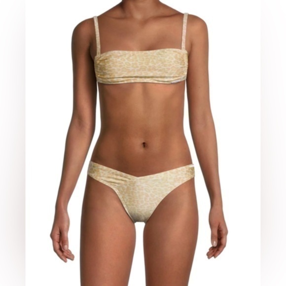 KENDALL + KYLIE Ruched Bandeau Squareneck Bikini Set in nude Leo LARGE